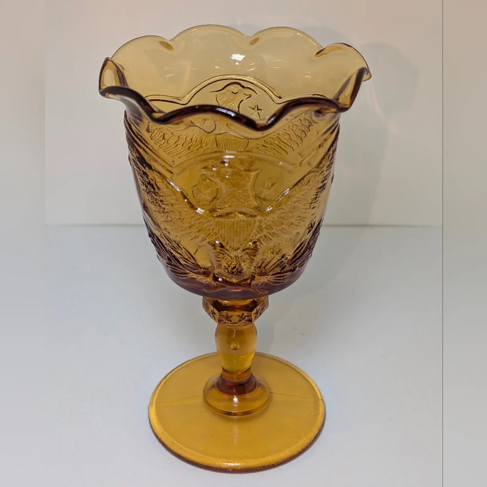 L.E. Smith Amber Federal Heritage Glass Goblet American Eagle Stars MCM